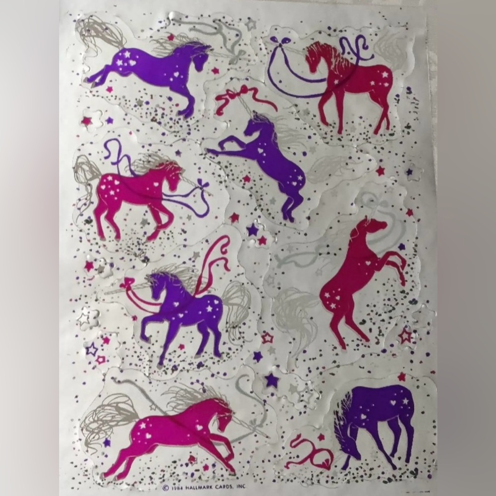 Vintage 80s Hallmark Razzle Dazzle Unicorn Stickers Silver, Pink, Purple Foil